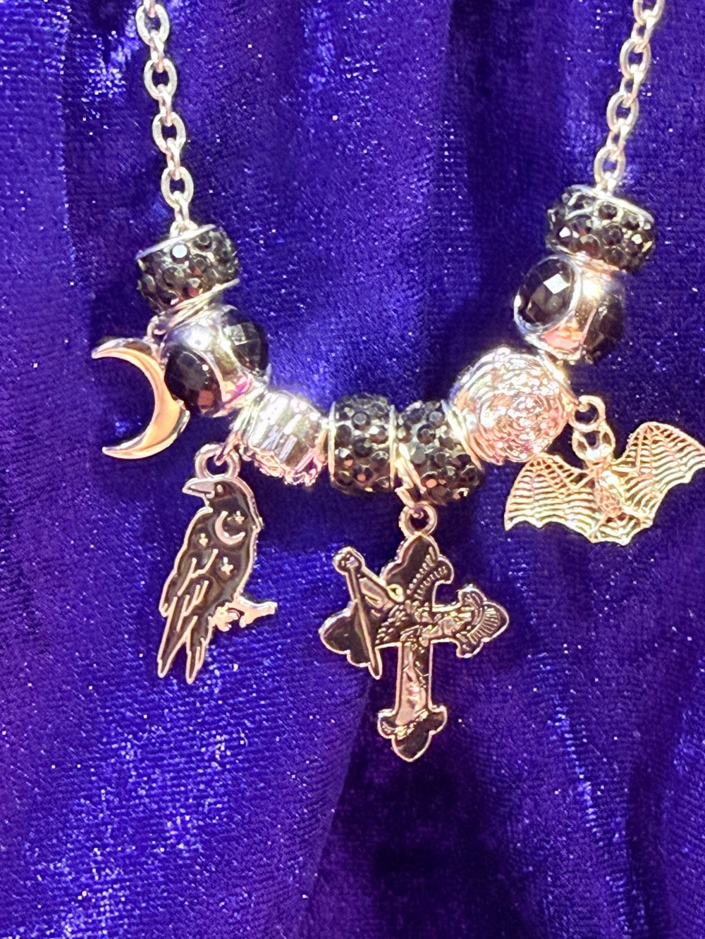 One of a Kind Hand Bead Charmed Stainless Steel Necklace Cross Bat Raven Moon